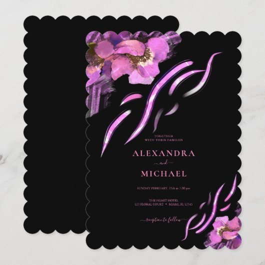 Chic Pink Iris Flowers Black Wedding Kaart (Voorkant / Achterkant)