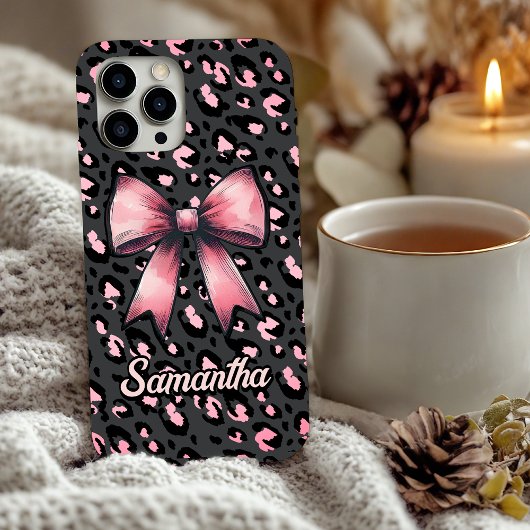 chic pink leopard print coquette bow monogram Case-Mate iPhone case