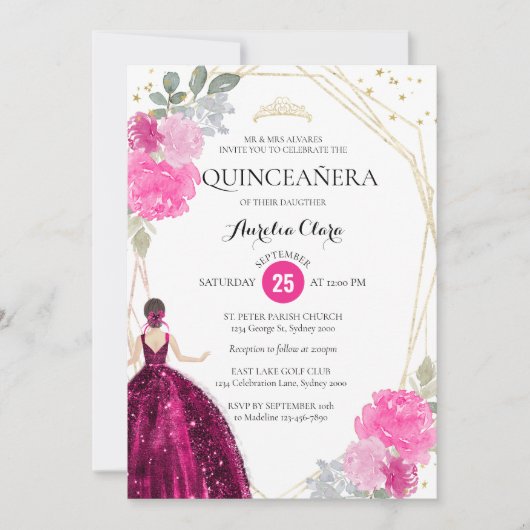 Chic Pink Magenta Floral Geometric Quinceañera Kaart (Voorkant)