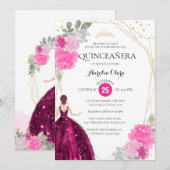 Chic Pink Magenta Floral Geometric Quinceañera Kaart (Voorkant / Achterkant)