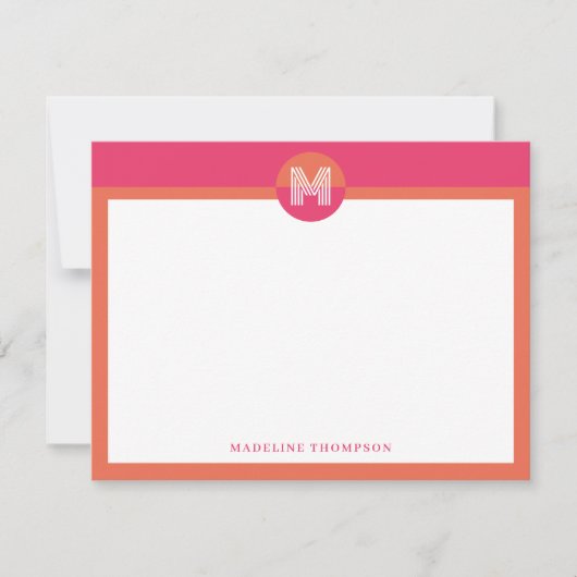 Chic Pink Orange Geometric Modern Monogram Notitiekaartje (Voorkant)