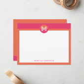 Chic Pink Orange Geometric Modern Monogram Notitiekaartje (Voorkant / Achterkant in situ)