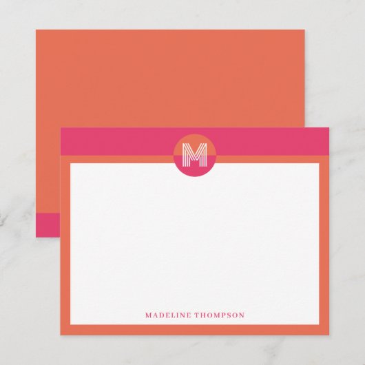 Chic Pink Orange Geometric Modern Monogram Notitiekaartje (Voorkant / Achterkant)