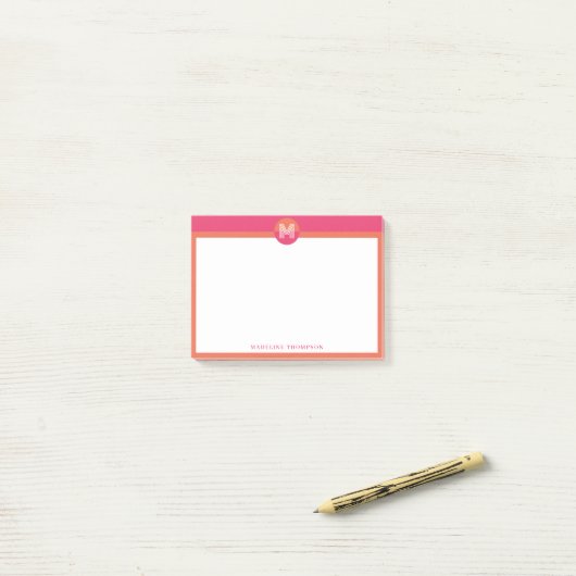 Chic Pink Orange Geometric Modern Monogram Post-it® Notes (Op bureau)