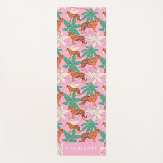 Chic Pink Orange Tiger Jungle Personalized Name Yogamat (Voorkant)
