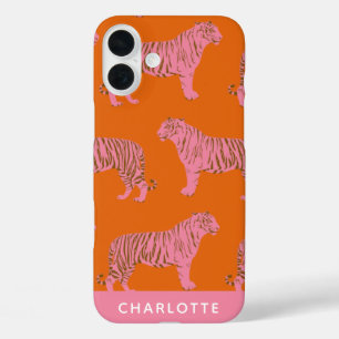 Chic Pink Oranje Tiger Pattern Persoonlijke naam iPhone 16 Plus Hoesje