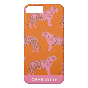 Chic Pink Oranje Tiger Pattern Persoonlijke naam iPhone 8/7 Plus Hoesje