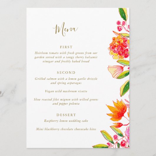 Chic Pink Oranje Waterverf Floral Script Weduwen Menu (Voorkant)
