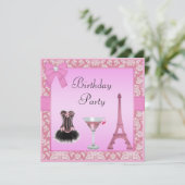 Chic Pink Paris Damask Corset Birthday Party Kaart (Staand voorkant)
