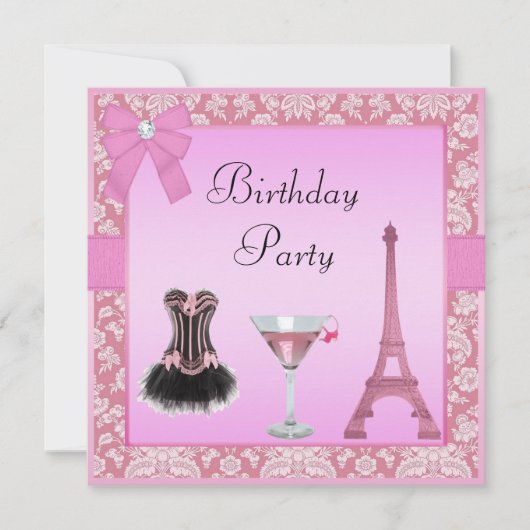 Chic Pink Paris Damask Corset Birthday Party Kaart (Voorkant)