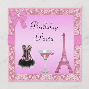 Chic Pink Paris Damask Corset Birthday Party Kaart