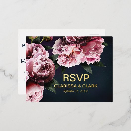 Chic Pink Peonies Folie RSVP Wedding Briefkaart (Voorkant / Achterkant)