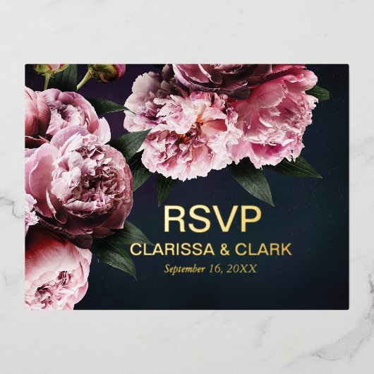 Chic Pink Peonies Folie RSVP Wedding Briefkaart (Voorkant)