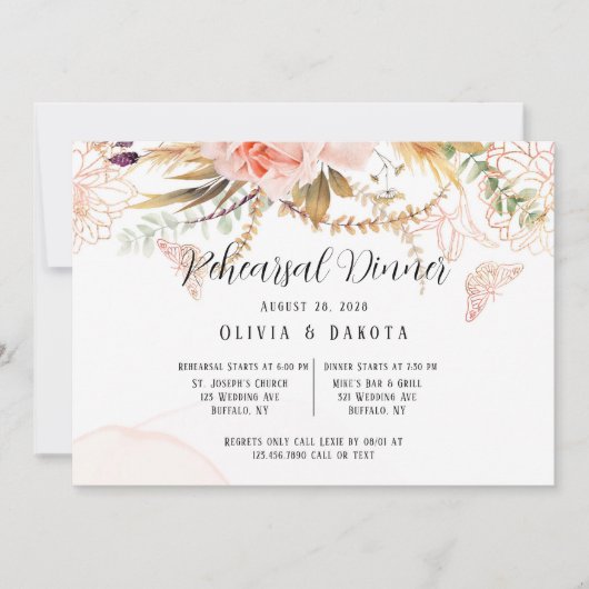 Chic Pink Peony Butterfly repesal Dinner Kaart (Voorkant)