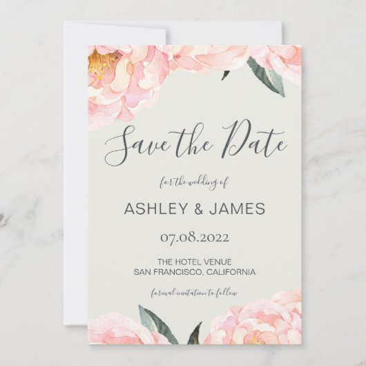 Chic Pink Peony Calligraphy Save the Date (Voorkant)