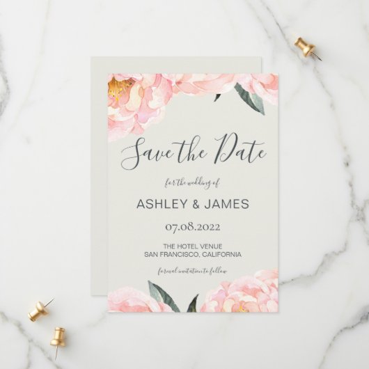 Chic Pink Peony Calligraphy Save the Date (Voorkant / Achterkant in situ)