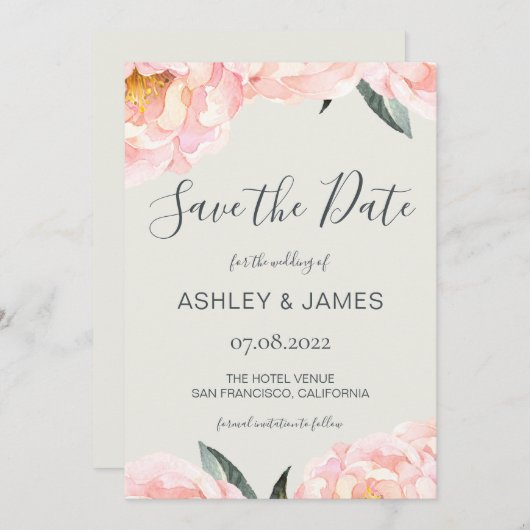 Chic Pink Peony Calligraphy Save the Date (Voorkant / Achterkant)