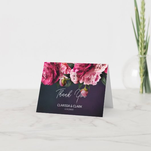 Chic Pink Peony Couples Name & Date Wedding Bedankkaart (Voorkant)