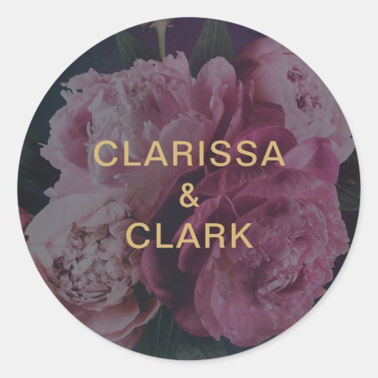 Chic Pink Peony Couples Names Wedding Envelope Ronde Sticker (Voorkant)