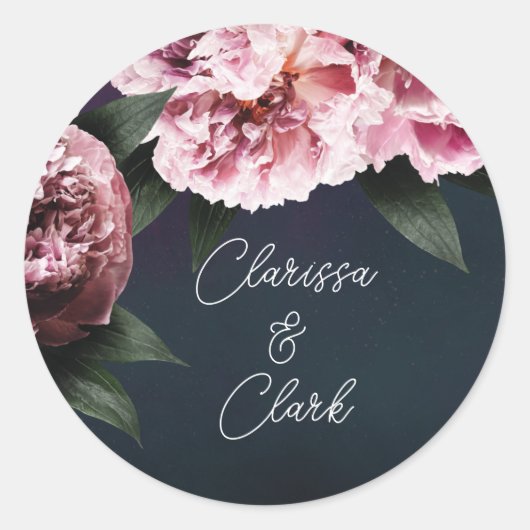 Chic Pink Peony Couples Names Wedding Envelope Ronde Sticker (Voorkant)