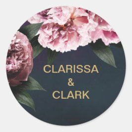 Chic Pink Peony Couples Names Wedding Envelope Ronde Sticker
