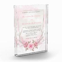 Chic Pink Peony Deer Antlers Weddenschap Uitnodigi