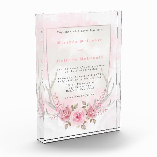 Chic Pink Peony Deer Antlers Weddenschap Uitnodigi Fotoblokken (Links)