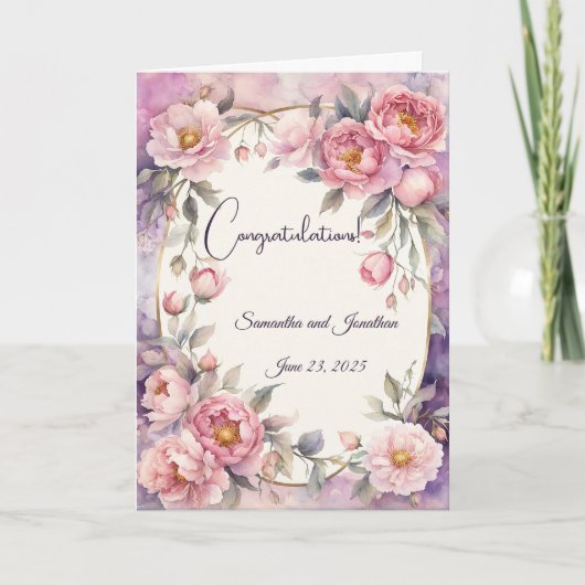 Chic Pink Peony Ovaal Lijst bruiloft Kaart (Voorkant)