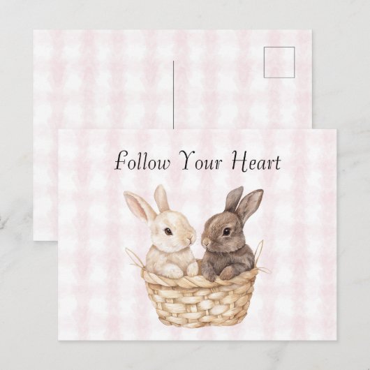 Chic Pink Plaid Stripes Bunnies in een mand Pasen Briefkaart (Voorkant / Achterkant)