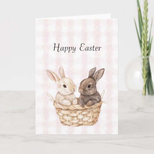 Chic Pink Plaid Stripes Bunnies in een mand Pasen Kaart (Voorkant)