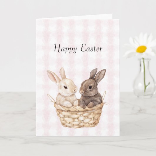 Chic Pink Plaid Stripes Bunnies in een mand Pasen Kaart (Kleine Plant)