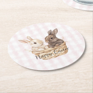 Chic Pink Plaid Stripes Bunnies in een mand Pasen Ronde Kartonnen Onderzetter
