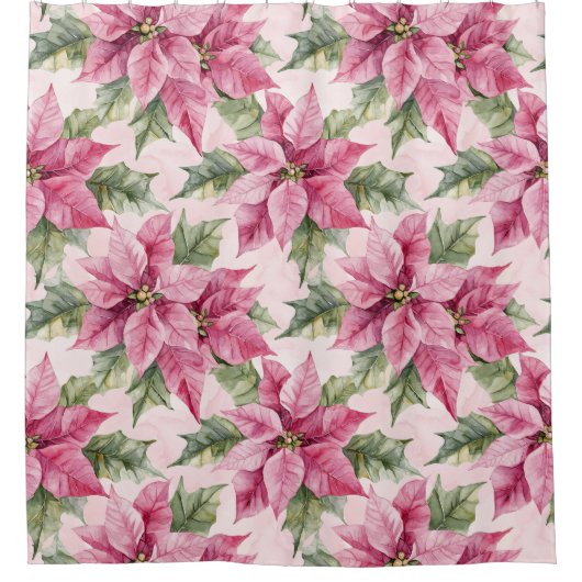 Chic Pink Poinsettia Bloemen Kerstmis Douchegordijn (Voorkant)