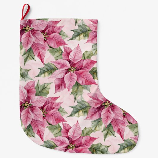 Chic Pink Poinsettia Bloemen Kerstmis Grote Kerstsok (Voorkant)