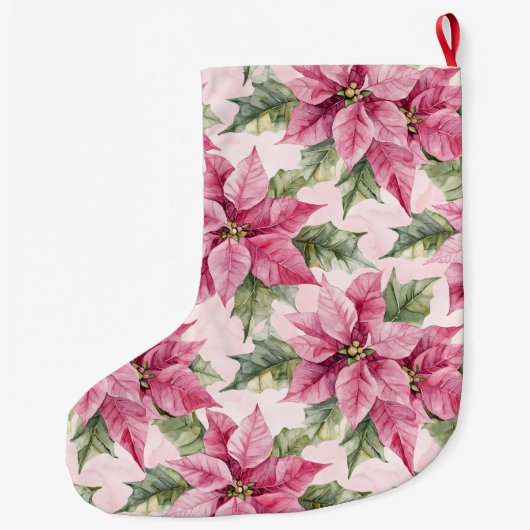 Chic Pink Poinsettia Bloemen Kerstmis Grote Kerstsok (Achterkant)