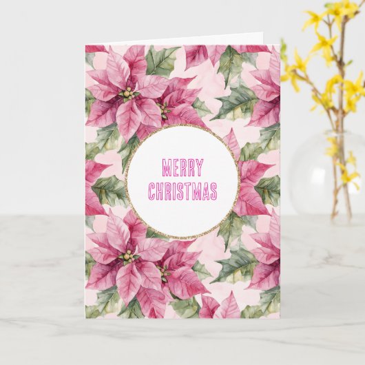 Chic Pink Poinsettia Bloemen Kerstmis Kaart (Gele Bloem)