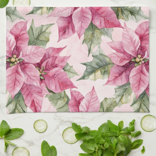 Chic Pink Poinsettia Bloemen Kerstmis Theedoek (Gevouwen)