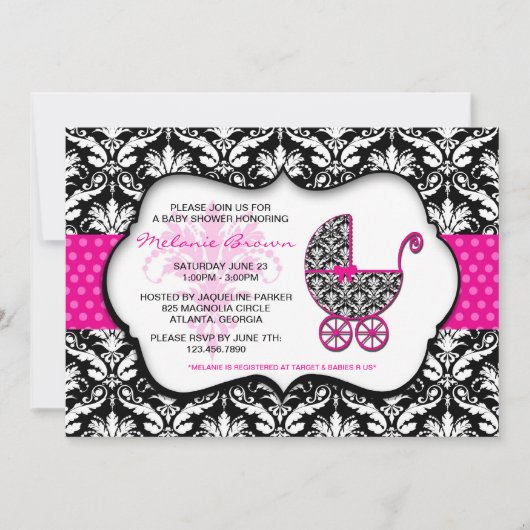 Chic Pink Polka Dot Damask Baby shower Invite Kaart (Voorkant)