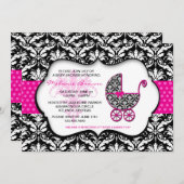 Chic Pink Polka Dot Damask Baby shower Invite Kaart (Voorkant / Achterkant)