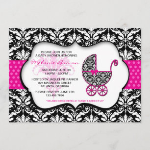 Chic Pink Polka Dot Damask Baby shower Invite Kaart