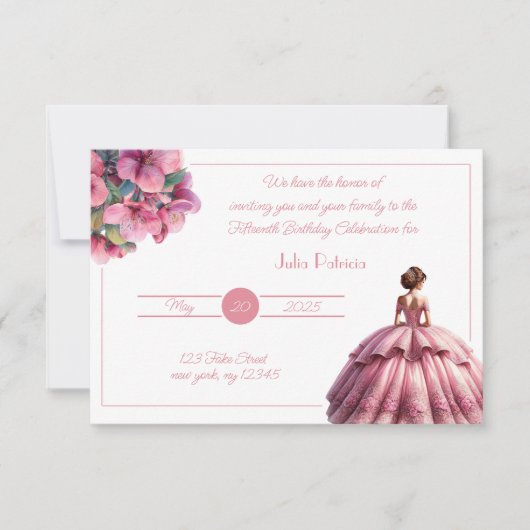 Chic Pink Princess Quinceañera Uitnodiging (Voorkant)