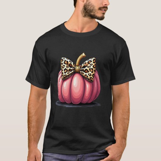 Chic Pink Pumpkin Coquette Leopard Bow Halloween G T-shirt (Voorkant)