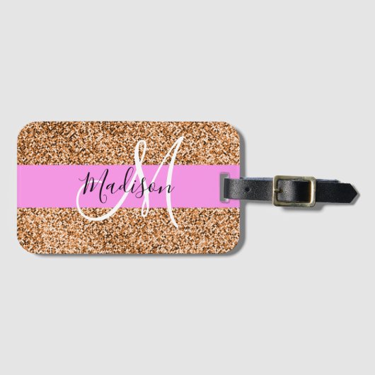 Chic Pink & Pumpkin Glitter Sparkles Monogram Bagagelabel (Voorkant (horizontaal))