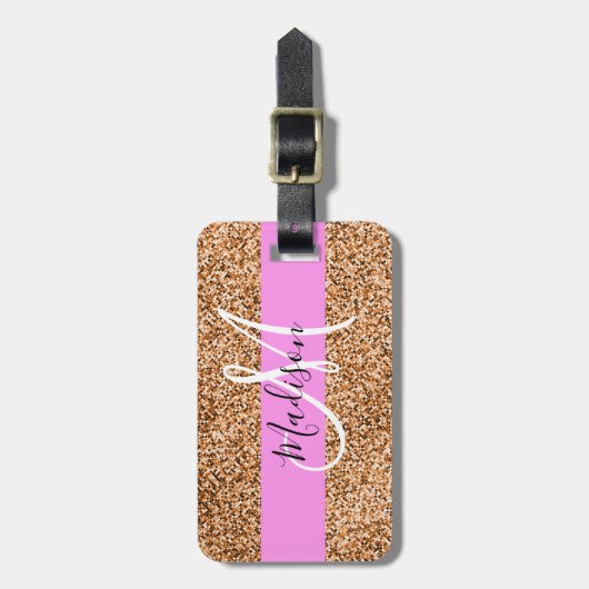 Chic Pink & Pumpkin Glitter Sparkles Monogram Bagagelabel (Voorkant verticaal)