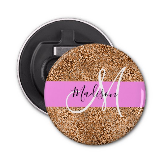 Chic Pink & Pumpkin Glitter Sparkles Monogram Button Flesopener (Voorkant)