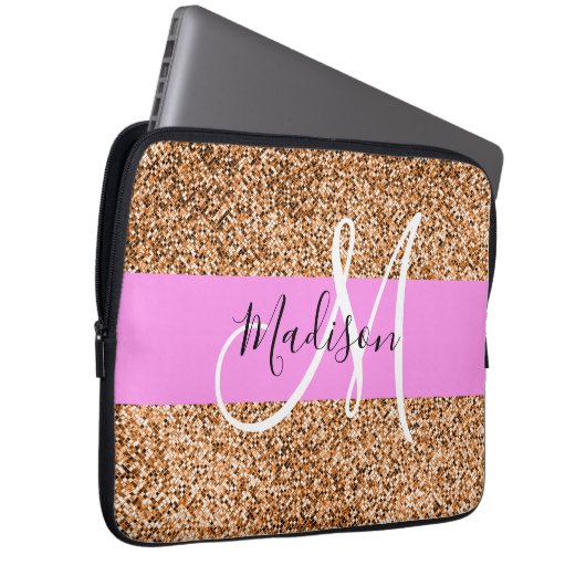 Chic Pink & Pumpkin Glitter Sparkles Monogram Laptop Sleeve (Voorkant Rechts)