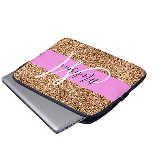 Chic Pink & Pumpkin Glitter Sparkles Monogram Laptop Sleeve (Voorkant onderkant)