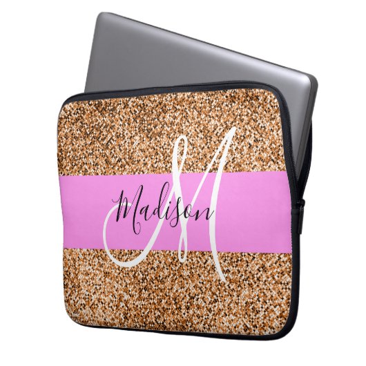 Chic Pink & Pumpkin Glitter Sparkles Monogram Laptop Sleeve (Voorkant Links)
