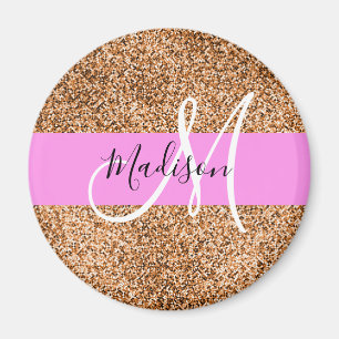 Chic Pink & Pumpkin Glitter Sparkles Monogram Magneet