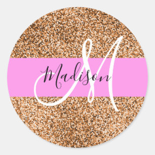 Chic Pink & Pumpkin Glitter Sparkles Monogram Ronde Sticker